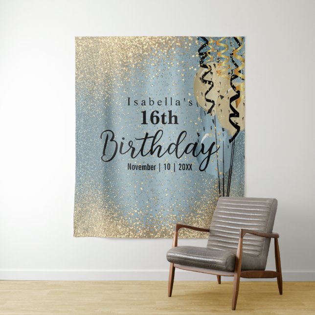 Blue and Gold Glitter Birthday  Tapestry (In Situ)