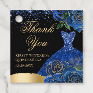Blue and Gold Glitter Dress Glam Roses Quinceanera Favour Tags