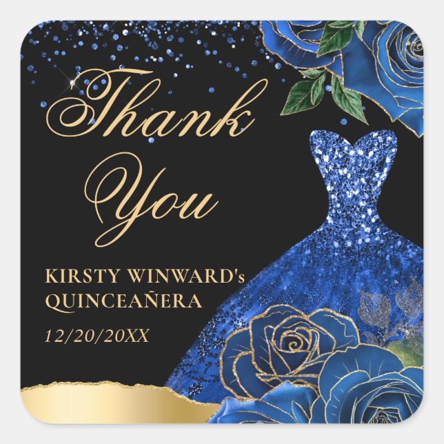 Blue and Gold Glitter Dress Glam Roses Quinceanera Square Sticker (Front)