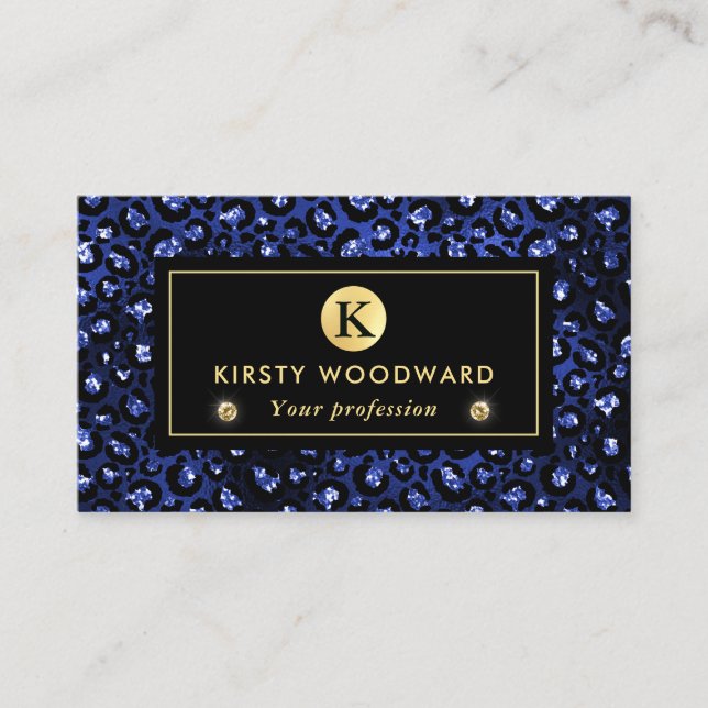 Blue and Gold Glitter Glam Leopard Spots Pattern Business Card (Front)
