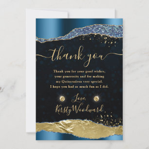 Blue and Gold Glitter Glam Tears Quinceanera Thank You Card