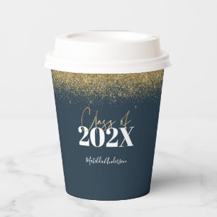 blue and gold glitter graduation class of 22 paper cups