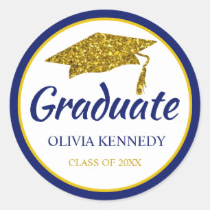 Blue And Gold Glitter Graduation Hat Graduate Name Classic Round Sticker