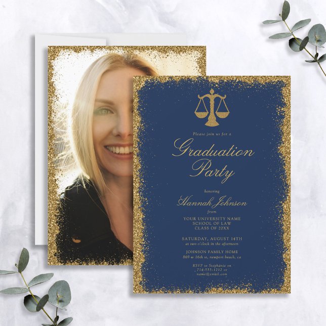 Blue and Gold Glitter Law School Photo Graduation Invitation (Creator Uploaded)