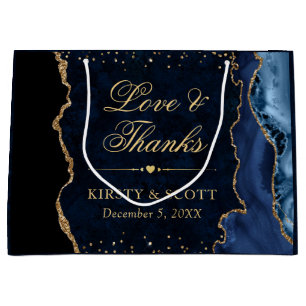 Blue and Gold Glitter Marble Agate Wedding Large Gift Bag