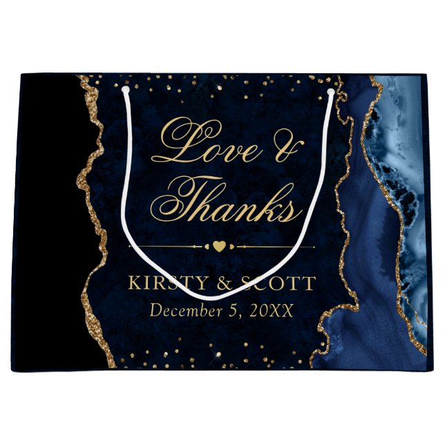 Blue and Gold Glitter Marble Agate Wedding Large Gift Bag (Front)