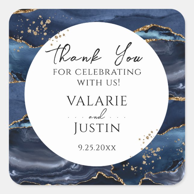 Blue and Gold Glitter Marble Thank You Square Stic Square Sticker (Front)