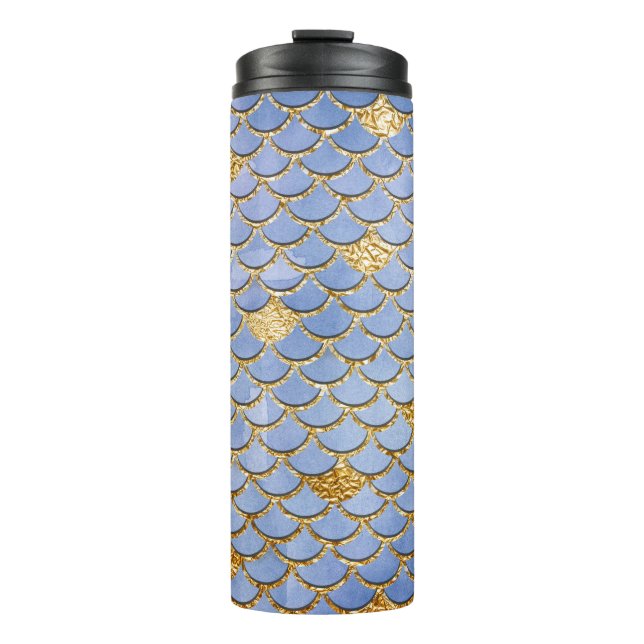 Blue and Gold Glitter Mermaid Scales Thermal Tumbler (Front)