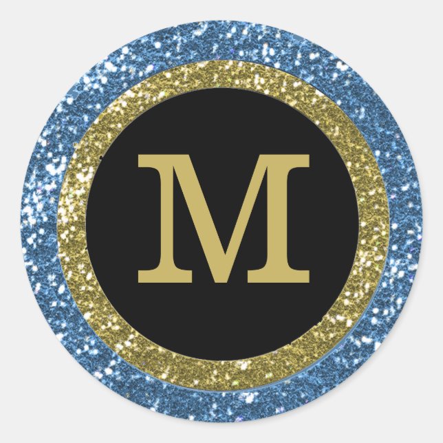 Blue And Gold Glitter Monogrammed Classic Round Sticker (Front)