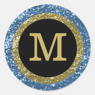 Blue And Gold Glitter Monogrammed Classic Round Sticker