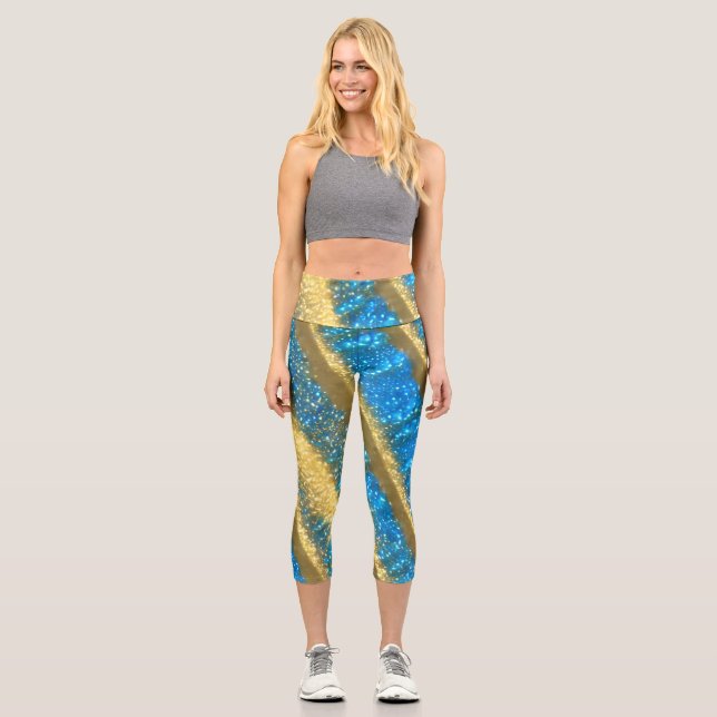 Blue and Gold Glitter Pattern Capri Leggings (Front)