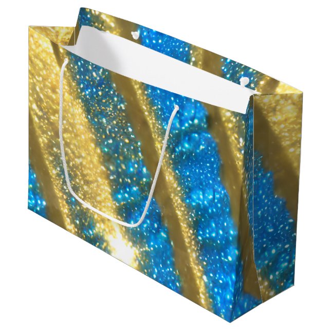 Blue and Gold Glitter Pattern Large Gift Bag (Front Angled)