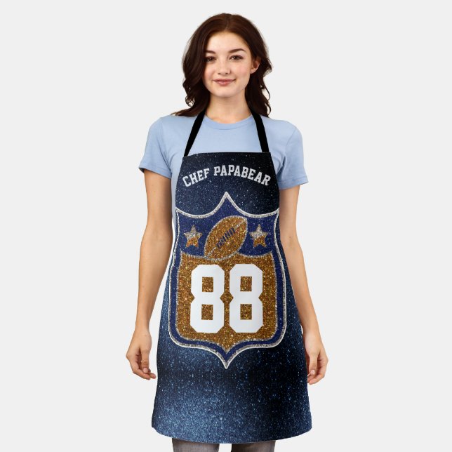 Blue and Gold Glitter School Football Team Colours Apron (Worn)