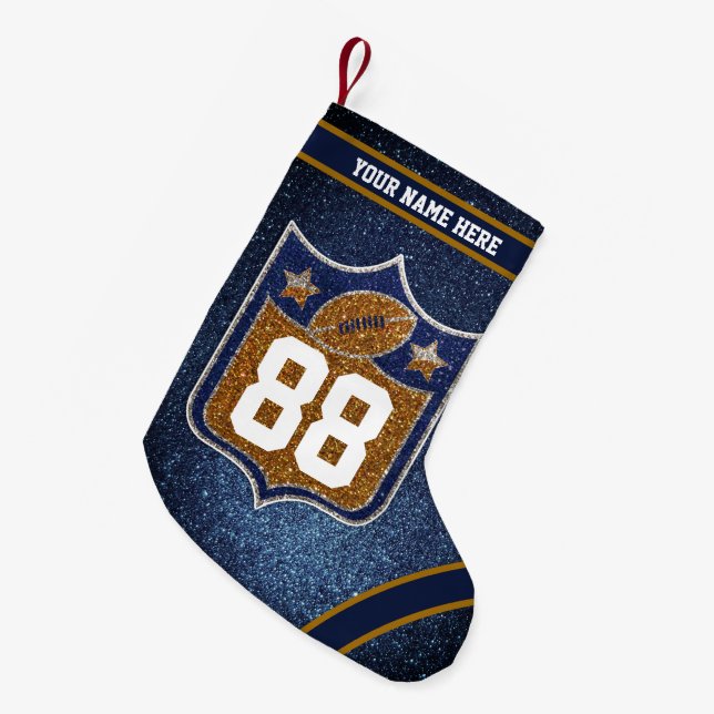 Blue and Gold Glitter School Football Team Colours Small Christmas Stocking (Front (Hanging))