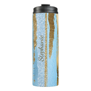 Blue and Gold Glitter Stripes Thermal Tumbler
