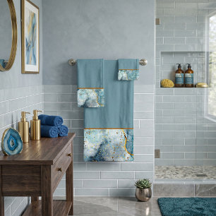 Blue and gold glittery marble bath towel set