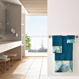 Blue and gold glittery marble bath towel set