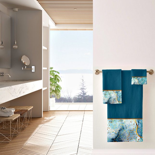 Blue and gold glittery marble  bath towel set (Creator Uploaded)