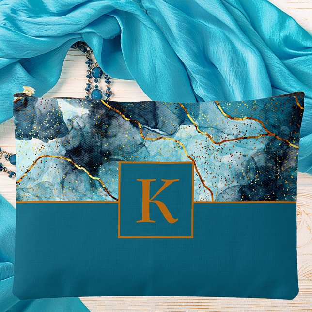 Blue and gold glittery marble  monogram accessory pouch (Creator Uploaded)