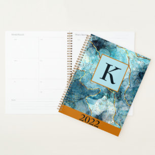 Blue and gold glittery marble monogram,custom year planner