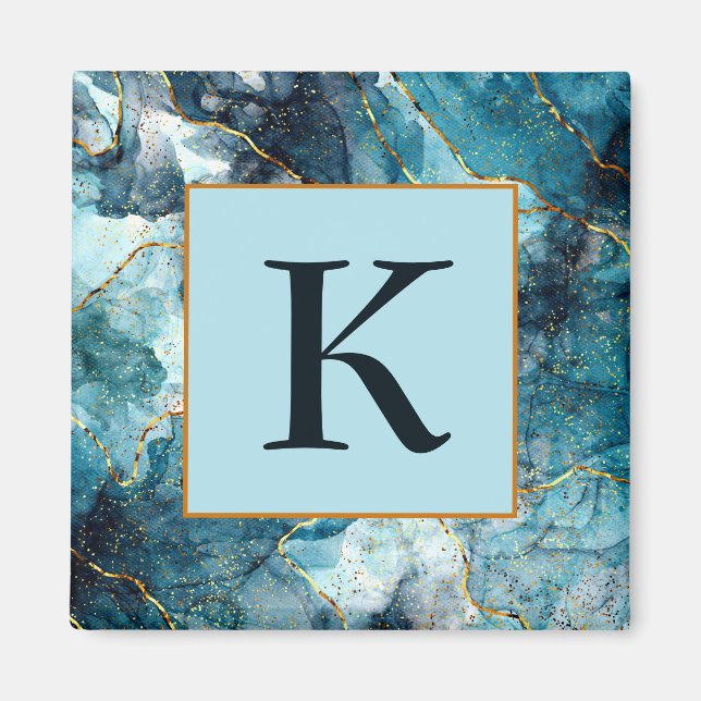 Blue and gold glittery marble  monogram magnet (Front)