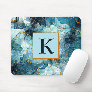 Blue and gold glittery marble monogram mouse mat