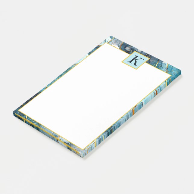 Blue and gold glittery marble  monogram post-it notes (Angled)