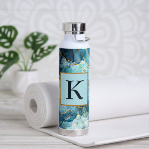 Blue and gold glittery marble  monogram water bottle