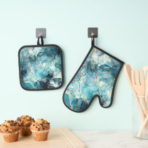 Blue and gold glittery marble  oven mitt & pot holder set