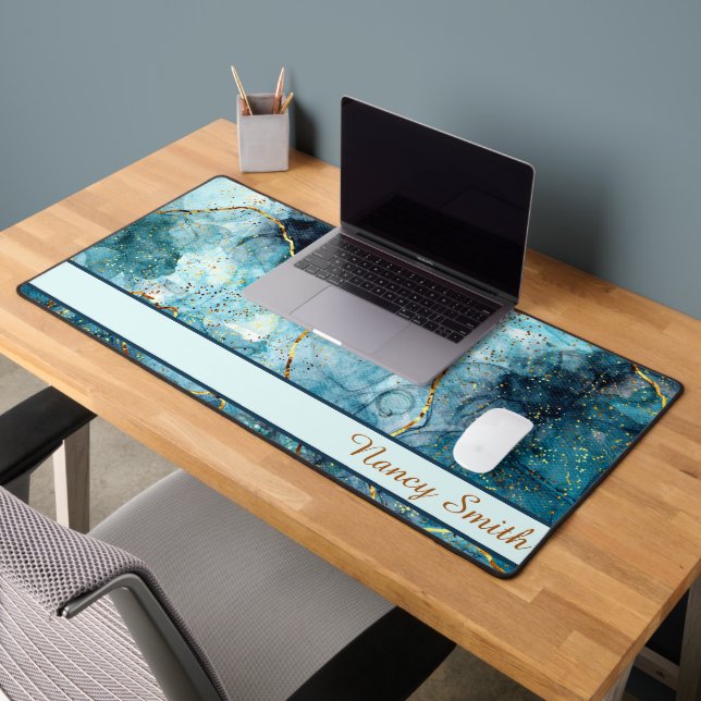 Blue and gold glittery marble personalised desk mat (Office 2)