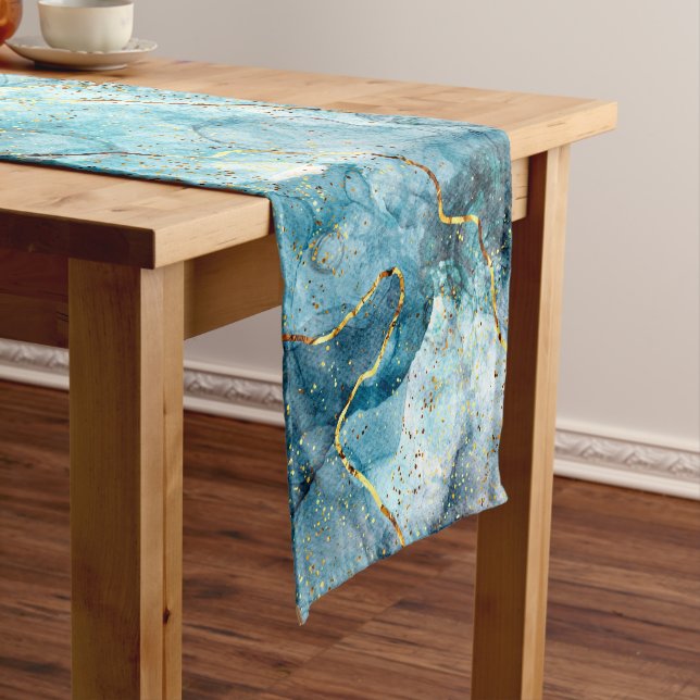 Blue and gold glittery marble  short table runner (In Situ)