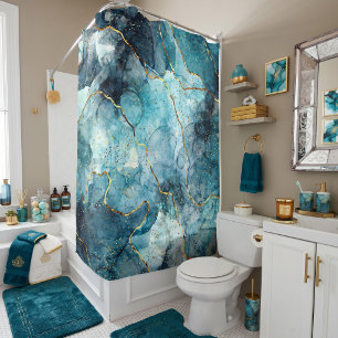 Blue and gold glittery marble shower curtain