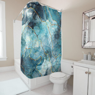 Blue and gold glittery marble shower curtain