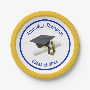 Blue and Gold Graduation Cap and Tassel Custom Paper Plate
