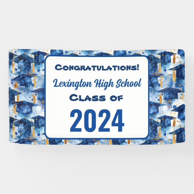 Blue and Gold Graduation Cap Custom Party Banner (Horizontal)
