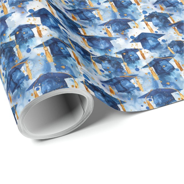Blue and Gold Graduation Cap Gift Wrapping Paper (Roll Corner)