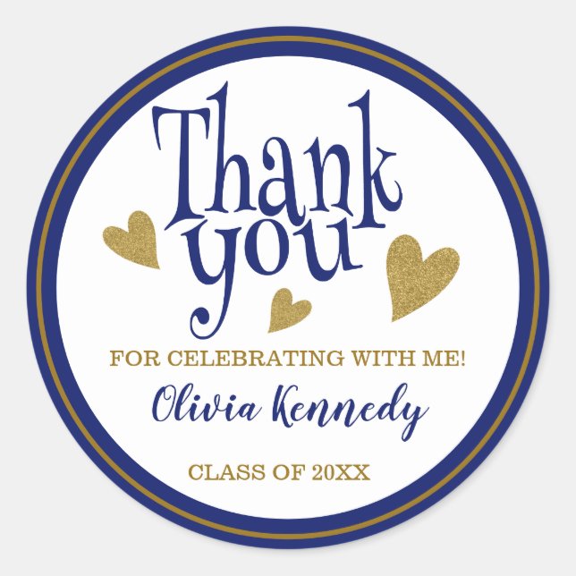 Blue And Gold Graduation Party Thank You Favour   Classic Round Sticker (Front)