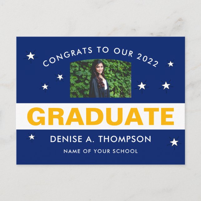 Blue and Gold Graduation Photo Congrats Postcard (Front)