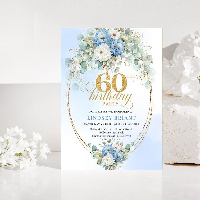 Blue and Gold Greenery 60th Birthday Invitation (Blue and Gold Greenery 60th Birthday Invitation)