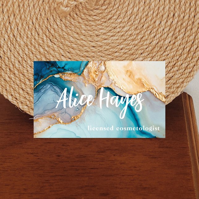 Blue and Gold Hair Stylist Cosmetologist Business Card (Creator Uploaded)