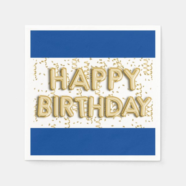 Blue and Gold Happy Birthday Paper Napkin (Front)