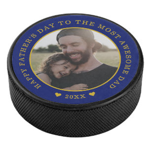 Blue And Gold Happy Father's Day Photo Hockey Puck