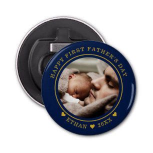 Blue And Gold Happy First Father's Day Photo Bottle Opener
