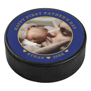 Blue And Gold Happy First Father's Day Photo Hockey Puck