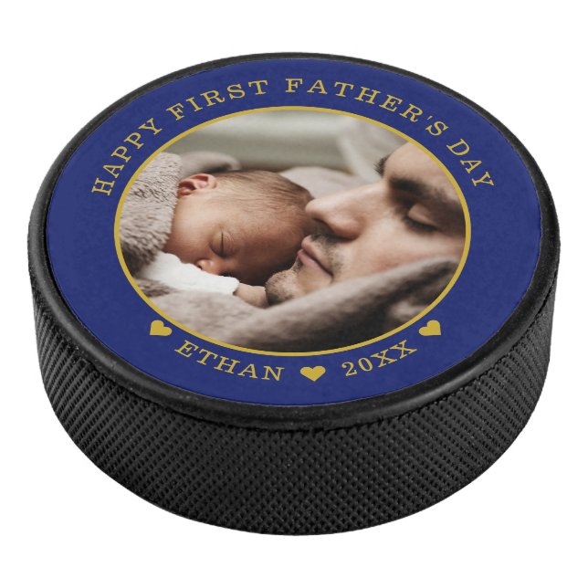 Blue And Gold Happy First Father's Day Photo Hockey Puck (3/4)