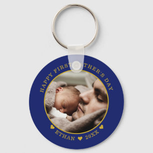 Blue And Gold Happy First Father's Day Photo Key Ring