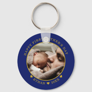 Blue And Gold Happy First Father's Day Photo   Key Ring