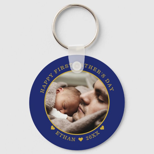 Blue And Gold Happy First Father's Day Photo   Key Ring (Front)