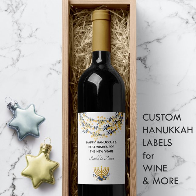 Blue and Gold Happy Hanukkah  Wine Label (Happy Hanukkah Navy & Gold Flowers Menorah Gray Wine Label
)