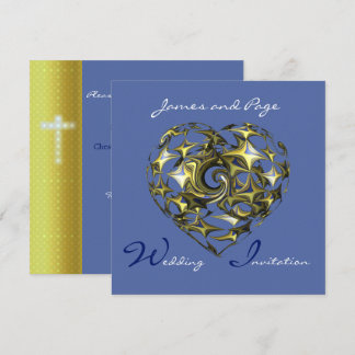 Blue and Gold Heart with Cross Invitation